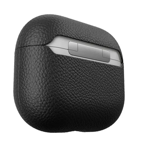 Svart läderfodral för AirPods 3 med pebbeltextur, tvådelad passform och utskuren baksida som tydligt visar det grå gångjärnet.