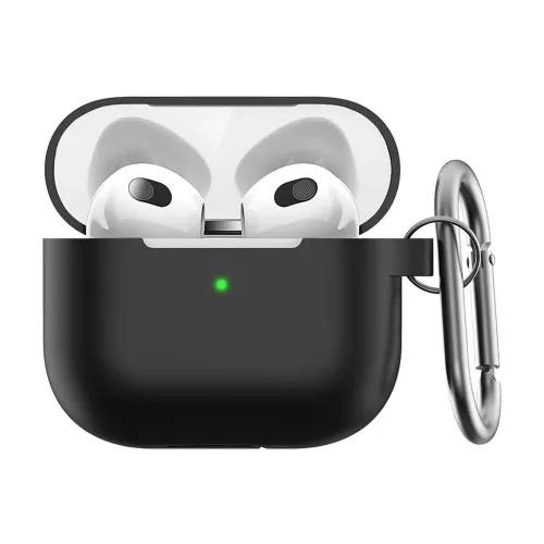 Protective case for AirPods 3 in black, open with visible headphones, green front LED and metal carabiner mounted on the right side.