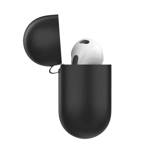 KeyBudz PodSkinz protective case for AirPods 3, open black case with flip-up lid, rounded bottom and loop at hinge.