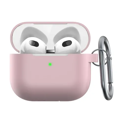 Rosa silikonfodral för AirPods 3, framifrån med öppet lock, öronsnäckor i etui, grön indikator och karbinhake på höger sida.