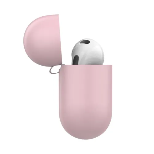 Rosa silikonfodral för AirPods 3 med öppet lock och synlig vit hörlur; rundad form och sidolänk på vänster sida.