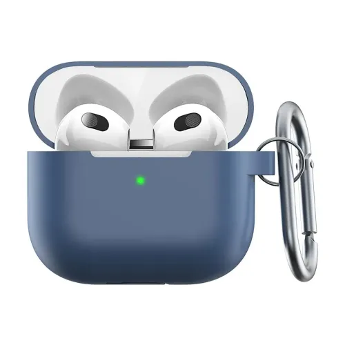 Cobalt blue protective case for AirPods 3 with open lid, headphones, green front LED and carabiner mounted on the right side.