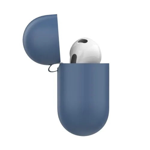 Koboltblått, matt skyddsfodral med öppet lock; oval, vit öronsnäcka sticker upp ur fodralet, liten ögla syns vid gångjärnet.