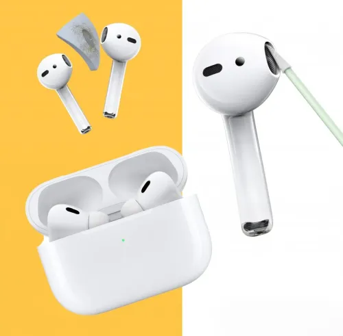 KeyBudz AirCare rengöringskit med pinne som rengör galler på AirPods, klibbkudde med smuts och öppet AirPods Pro-fodral.