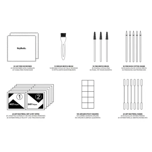 KeyBudz AirCare rengöringskit: ikonbilder av dukar, borstar, bomullspinnar, våt-/torra servetter och klisterrutor i rader.