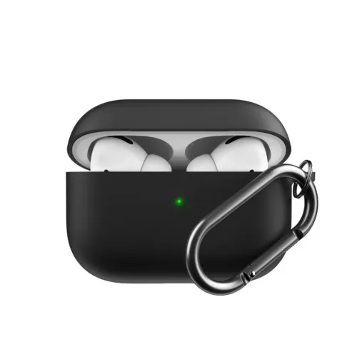 Svart nyckelringsfodral för AirPods Pro med öppet lock, synliga hörlurar, grön statusdiod och karbinhake på höger sida.