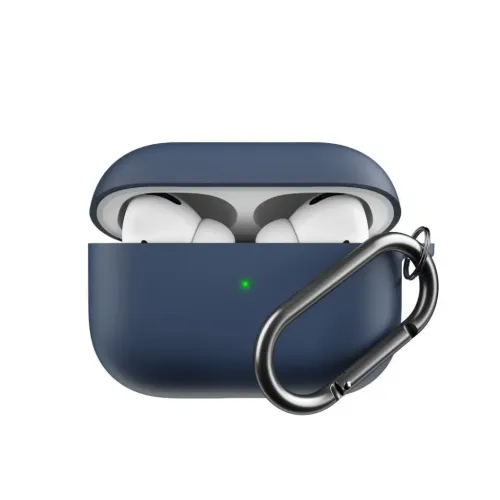 Keychain case for AirPods Pro in midnight blue, open with visible earbuds, green LED on the front and metal carabiner.