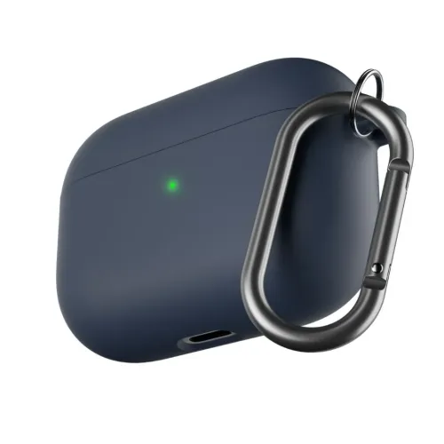 Keychain case for AirPods Pro in midnight blue, with carabiner, green LED on front and charging port opening on bottom.