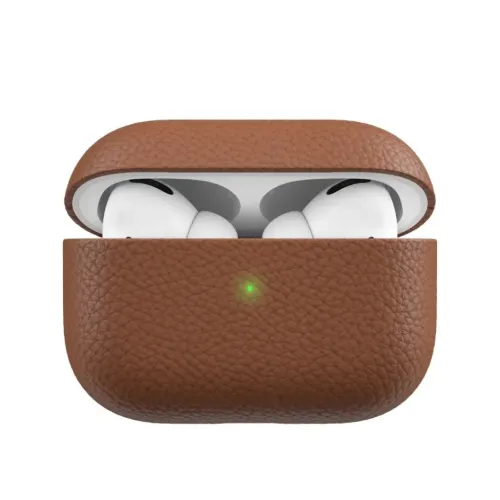 Leather case for AirPods Pro in natural brown, pebbled leather, open with visible headphones and green front diode, full-coverage design