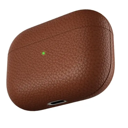 Brown pebbled leather case for AirPods Pro with visible LED indicator and cut-out charging port opening at the bottom.