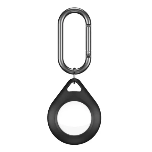 KeyBudz Secure Dock för AirTag i svart, droppformad hållare med rund öppning, upphängd i en oval mörk karbinhake via ring.