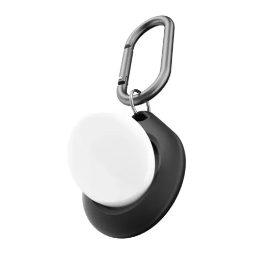 KeyBudz Secure Dock för AirTag i svart, rund hållare med blank vit AirTag och metallkarbinhake fäst genom ögla upptill synlig