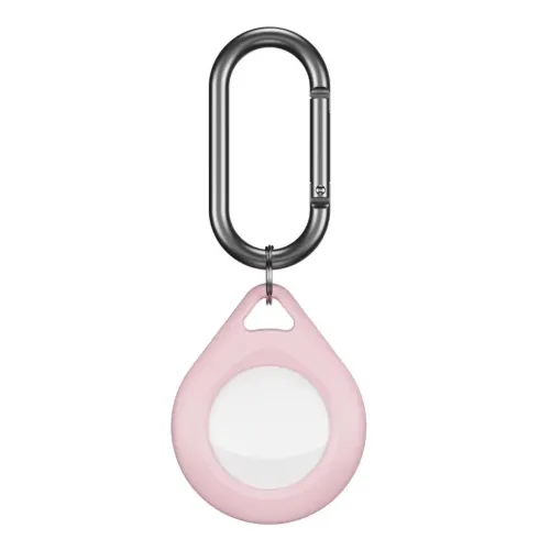Rosa AirTag-hållare med droppform och rund frontöppning, fäst i oval karbinhake i mörk metall, sedd rakt framifrån, centralt.