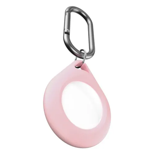 Rosa AirTag-hållare i droppform med rund frontöppning, fäst i en silverfärgad karbinhake via metallring mot vit bakgrund.