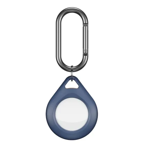 KeyBudz Secure Dock för AirTag i koboltblått, droppformad hållare med rund vit yta, fäst vid metallkarbinhake via liten ring.