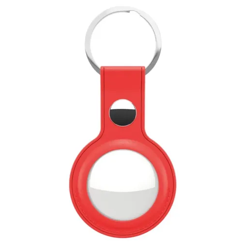 Röd lädernyckelring för AirTag med rund öppning, söm runt kanten, silverfärgad nyckelring upptill och rund metallknapp röd.
