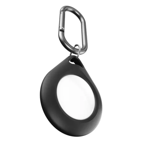 KeyBudz Secure Dock för AirTag i svart med silverfärgad karbinhake för att fästa vid tillhörigheter