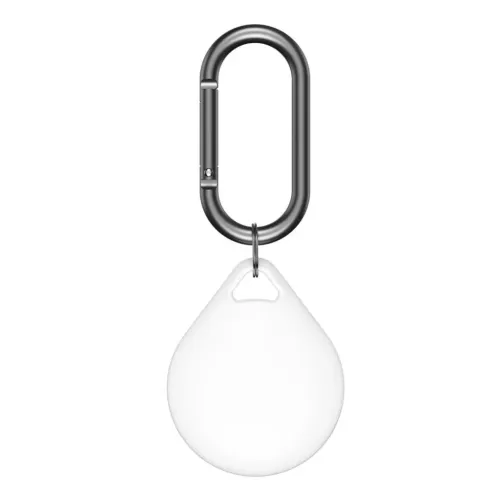 White KeyBudz Secure Dock for AirTag with drop-shaped holder, loop and black carabiner on ring, exposed against white background.