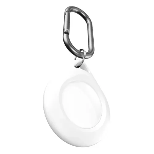 White teardrop-shaped AirTag holder with round window, attached to small ring and metal carabiner, shown in close-up against white background.