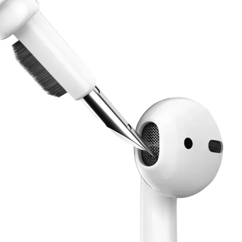 KeyBudz AirCare 1.5 rengöringskit för AirPods med precisionsverktyg som borstar en vit trådlös hörlur