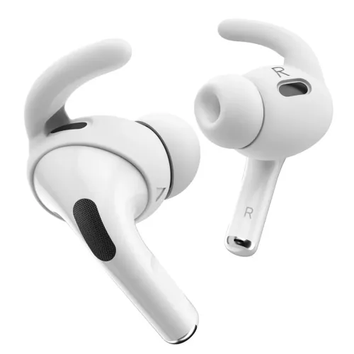 KeyBudz Earbuddyz på AirPods Pro Gen 2, vita silikonhylsor med öronkrok, höger/vänster-markering och öppningar för ventiler.