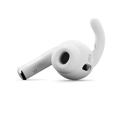 Earbuddyz för AirPods Pro Gen 2, vit silikonhylsa med inbyggd öronkrok på höger snäcka, synlig R-markering och liten ventil