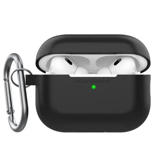 Svart silikonfodral för AirPods Pro med öppet lock, synliga snäckor, grön front-LED och karbinhake på vänster sida, matt.