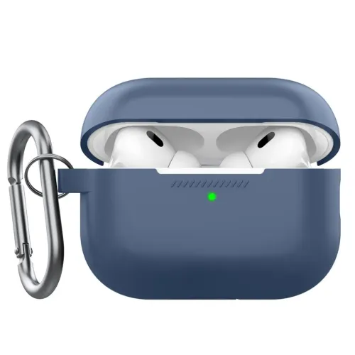 Koboltblått silikonskydd för AirPods Pro med öppet lock, synliga hörlurar, grön status-LED framtill och karbinhake på sidan.