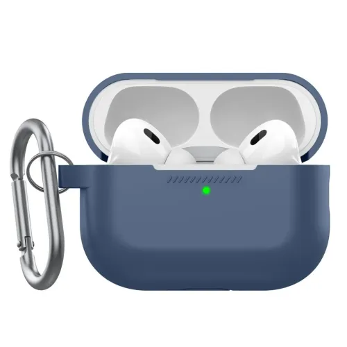 Koboltblått silikonfodral för AirPods Pro, öppet med synliga öronsnäckor, grön LED framtill och karbinhake på vänster sida.