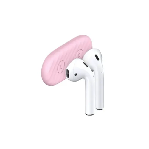 KeyBudz AirDockz rozā magnētiskajam magnētiskajam turētājam, ovālam ar rievotu virsmu un L/R marķējumu, priekšpusē ir divi balti AirPods.