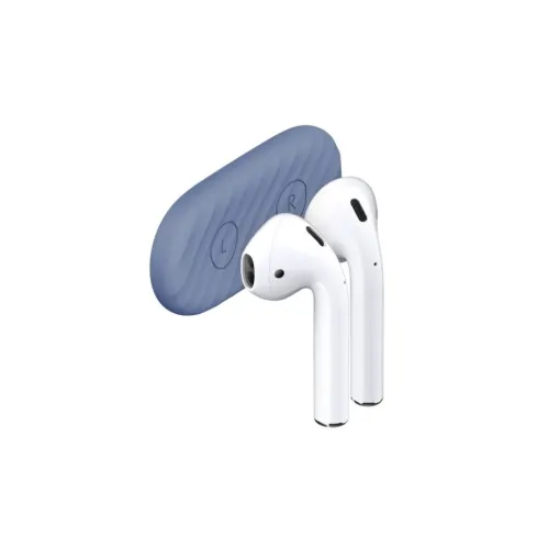 Koboltblå, oval AirDockz-hållare med vågstruktur och L/R-markeringar, visad med två vita AirPods fästa mot ytan framifrån.