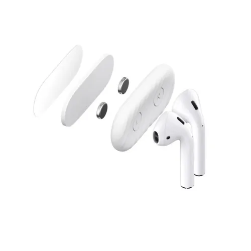 KeyBudz AirDockz, white oval holder in disassembled view with two oblong strips, two magnets and L/R slots, next to AirPods.