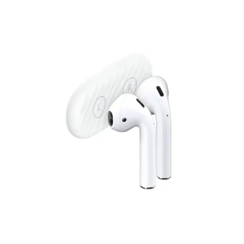 White oval AirPods holder with ribbed front and L/R markings, showing two docked earbuds in profile against a white background.