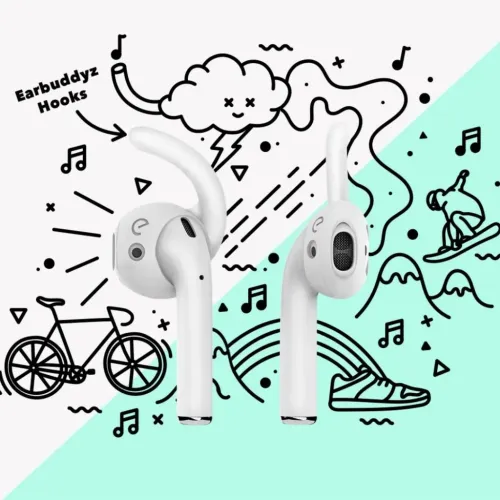 KeyBudz EarBuddyz Hooks i vitt, visas sida vid sida som öronkrokar för en säkrare passform för AirPods.