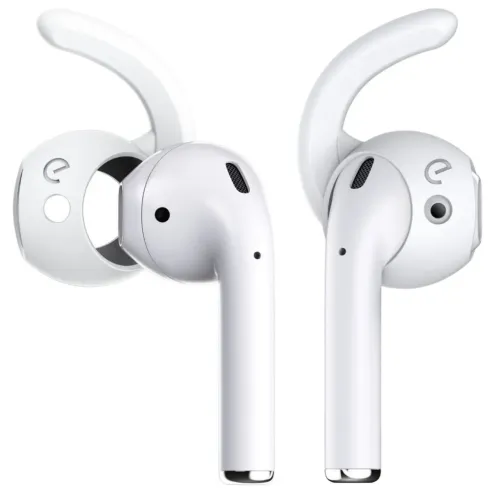 KeeyBudz EarBuddyz öronkrokar för AirPods i vitt, med uppåtböjda krokar och öppna utskärningar för sensorer och mikrofoner.