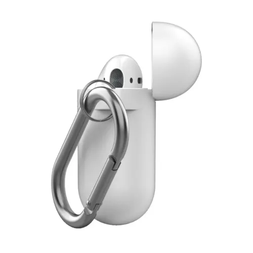 KeyBudz valkoinen silikoninen AirPods-kotelonsuoja avainketjuklipsillä, kuvattuna avoinna yksi nappikuuloke näkyvissä