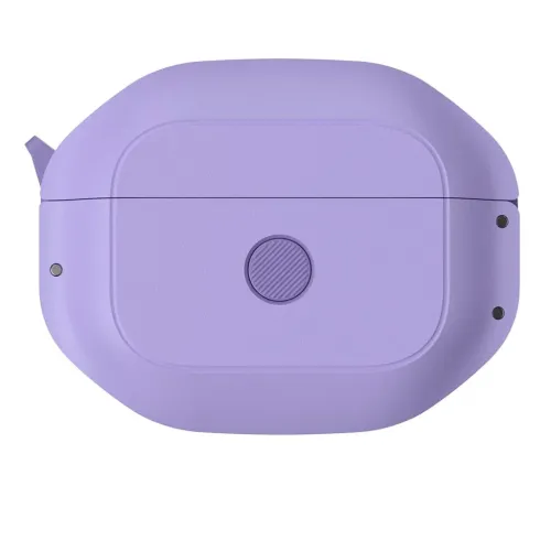 AirPods 3-skal i vild lavendel med rund texturerad knapp i mitten, indikatorljus till vänster och tre små nitar till höger.