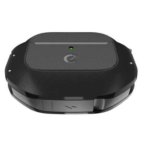 AirPods 3-etui i sort, set forfra, med flad top, grøn LED, centreret logo og frontklap med lynsymbol.