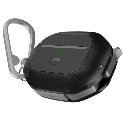 Etui til AirPods 3 i kulsort med struktureret skal, grøn LED på forsiden, hængslet låg og sølvfarvet karabinhage med koøje.