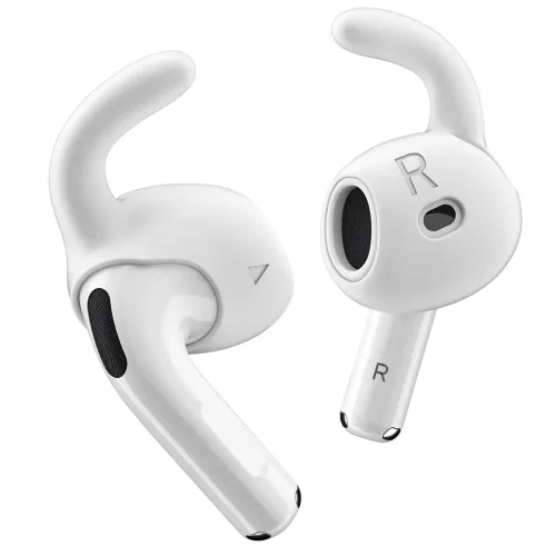 KeyBudz EarBuddyz öronkrokar på vita AirPods 4, med böjda vingor, öppningar och svarta galler, visade fram- och baksida.
