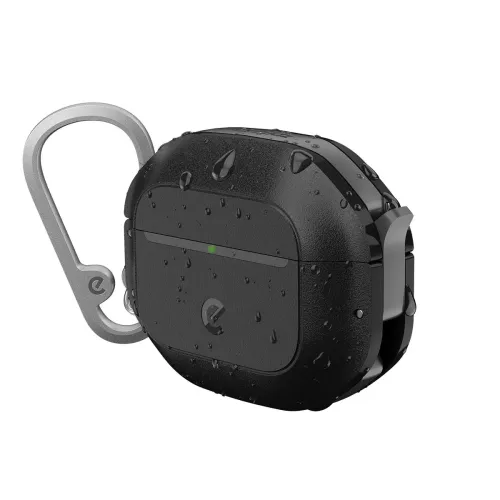 Kullsvart beskyttelsesetui for AirPods med overflatedråper, grønt statuslys, sidelås og sølvfarget karabinkrok, avrundet profil.