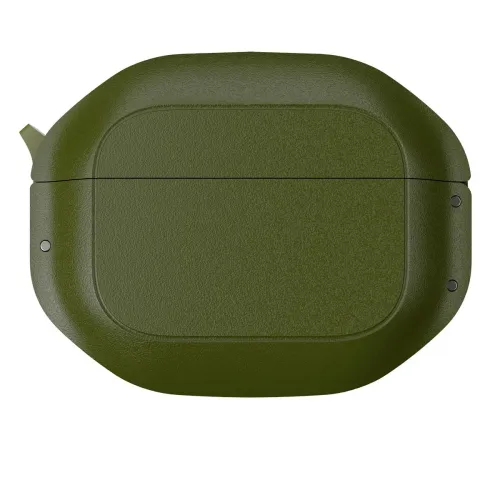 AirPods case in forest green, front view with textured surface, lid splice line, screws on the sides and fastening loop left.