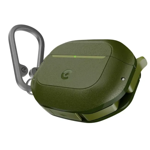 Forest green AirPods case with textured surface, front LED and lid, left carabiner and side loop, front logo.