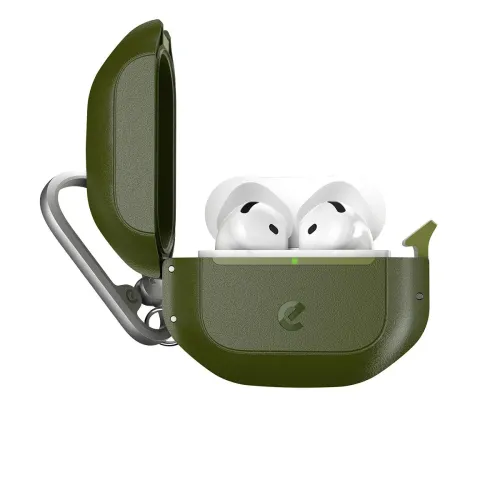 Forest green AirPods case with open lid, visible earbuds, front LED and metal carabiner on left side, rounded corners