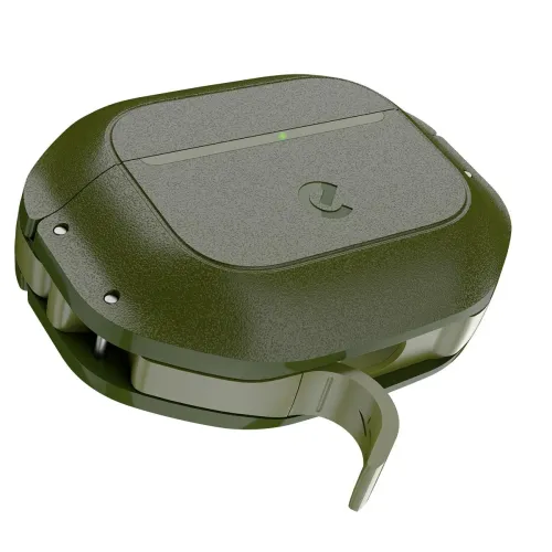 Forest green AirPods case with rugged textured finish, front indicator light, two screws on the side and opening port cover.