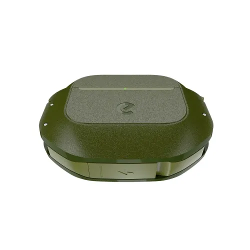 Forest green AirPods case with textured top, centered LED, logo, hinged lid and front flap for front charging port.