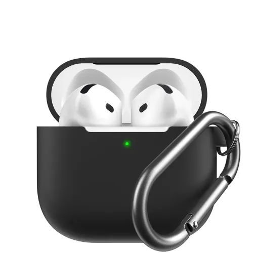 Sort etui med nøglering til AirPods, åbent låg, synlig grøn LED på forsiden, karabinhage fastgjort på højre side. Set forfra.