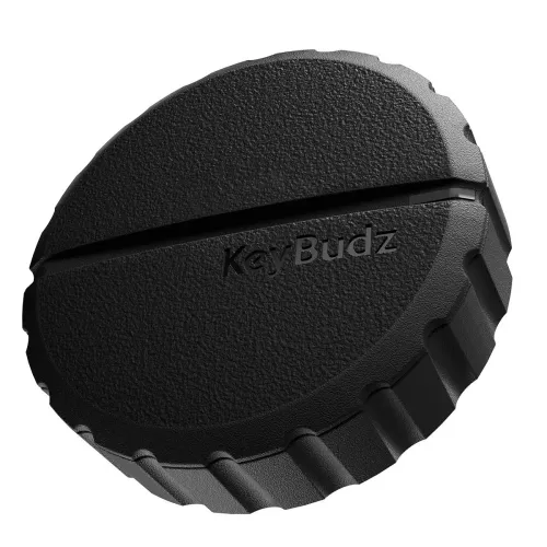 KeyBudz Covert Mount för AirTag, svart strukturerat runt monteringsfäste med präglad logotyp