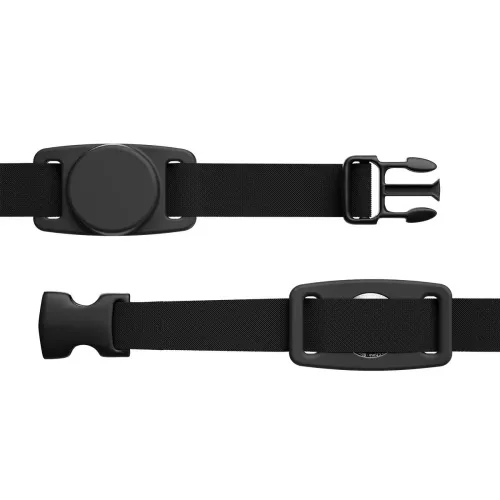Black pet collar with low profile plastic attachment; the front shows a smooth round module, the back a rectangular frame and quick release buckle.
