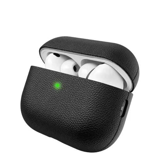 KeyBudz svart läderfodral för AirPods Pro 3, öppet med hörlurarna synliga inuti mot vit bakgrund